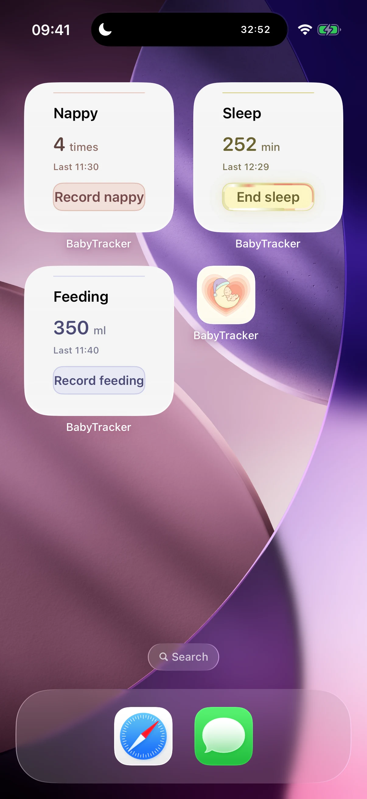 BabyTracker Home Screen overview and quick-record widgets